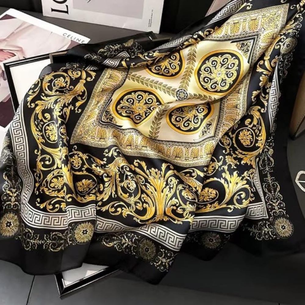 Women's Fashion Satin Head or Bag Scarf - Black and Gold - 27.5” New